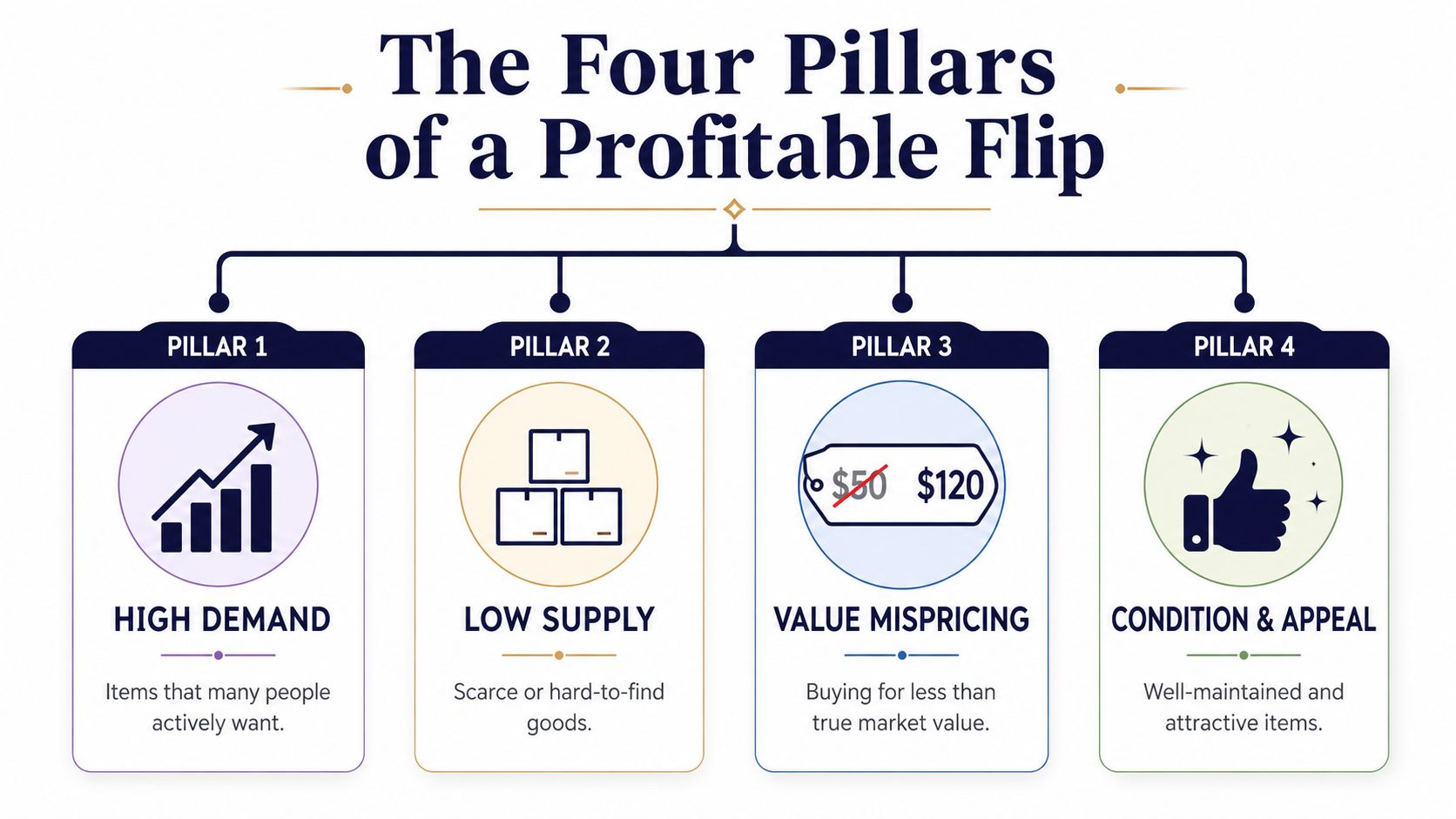An infographic showing the four essential pillars for a profitable flip, including high demand, low supply, value mispricing, and condition.