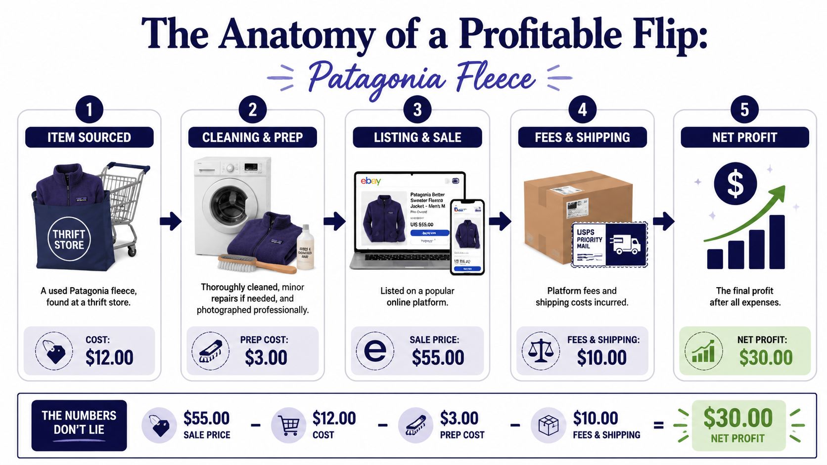 A step-by-step infographic showing the financial process of flipping a Patagonia fleece for profit.