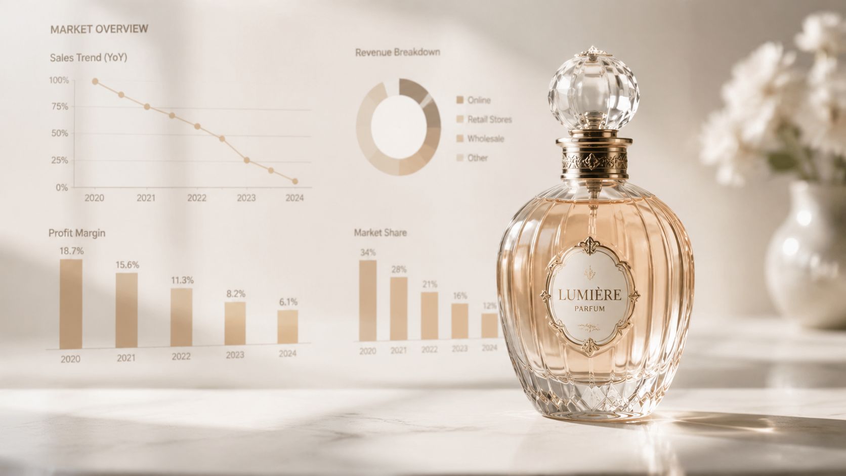 A glass perfume bottle named Lumière sits before charts showing declining sales trends and profit margins.