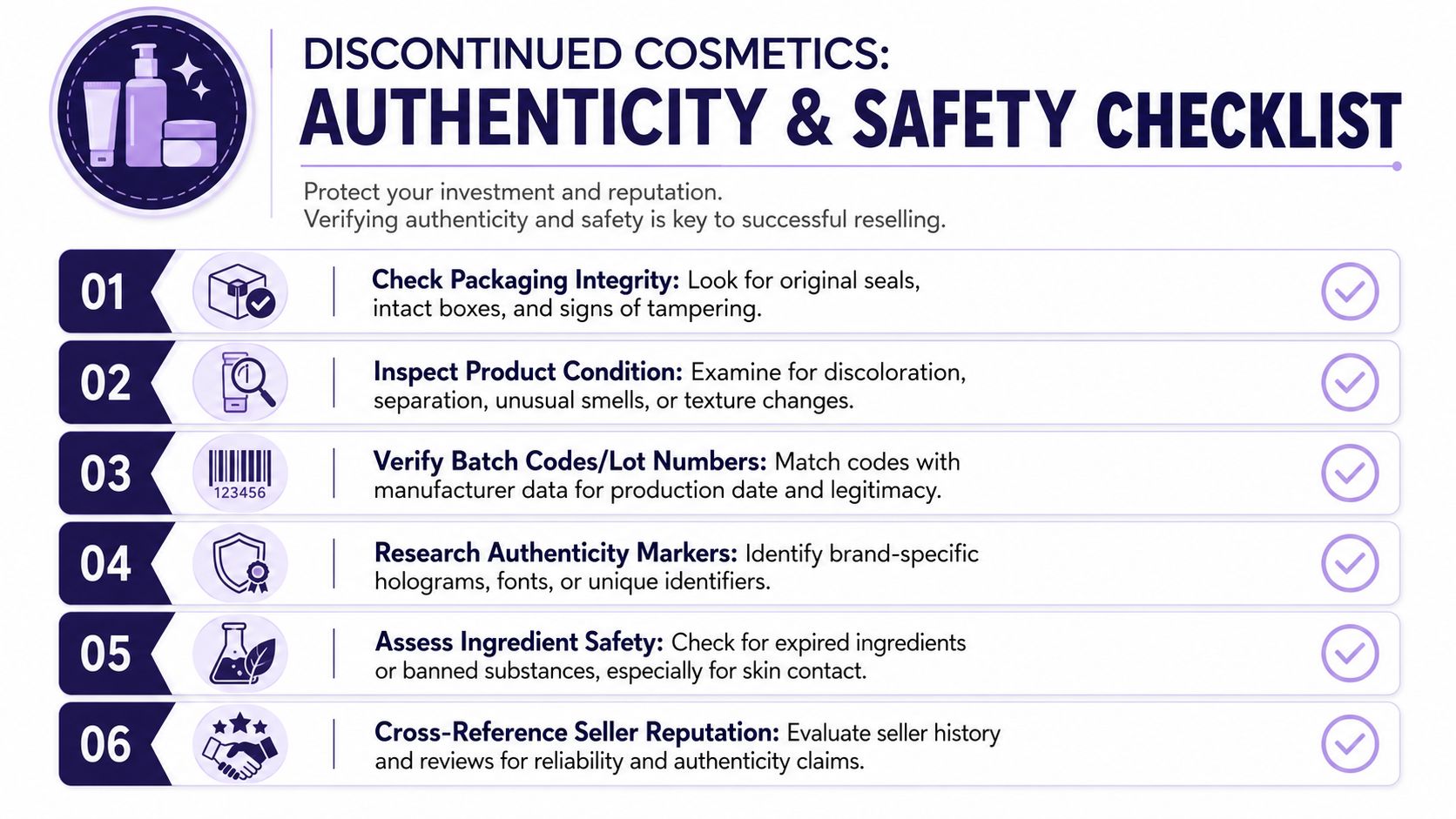 A six-step checklist for verifying the authenticity and safety of discontinued cosmetic products before reselling them.