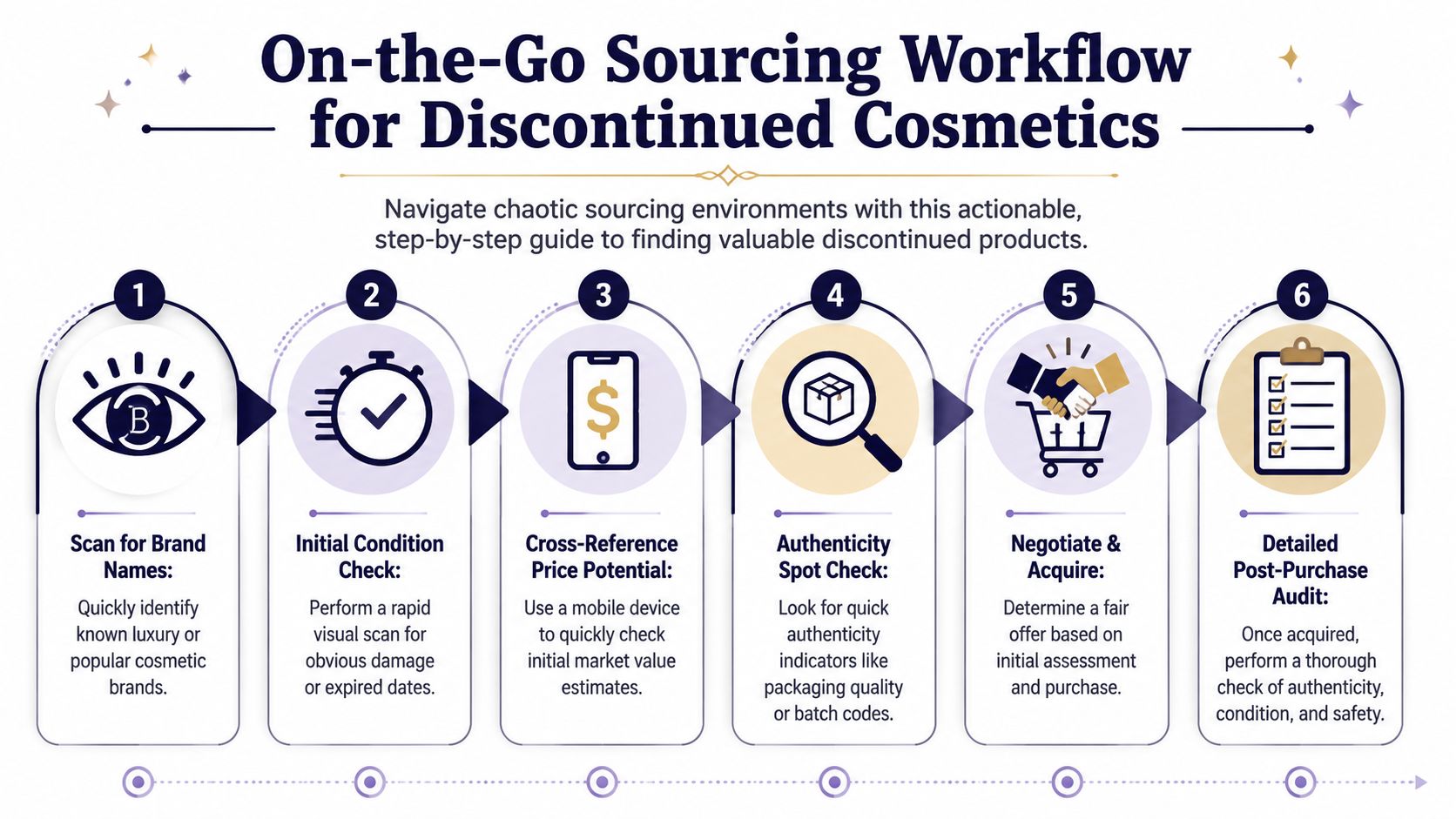 A six-step infographic workflow for sourcing discontinued cosmetic products, showing the process from brand identification to final audit.