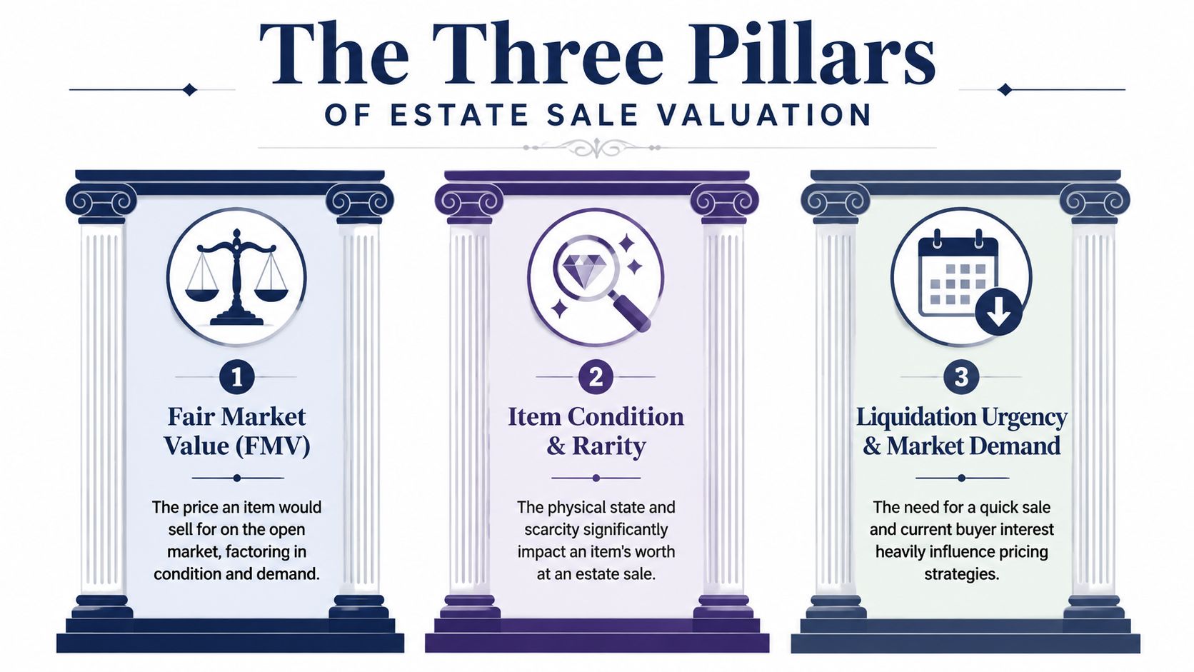 A diagram titled The Three Pillars of Estate Sale Valuation showing FMV, item condition, and liquidation urgency.