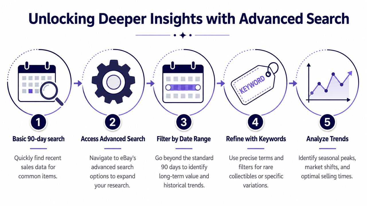 A five-step infographic showing how to use advanced search tools to research eBay sales trends.