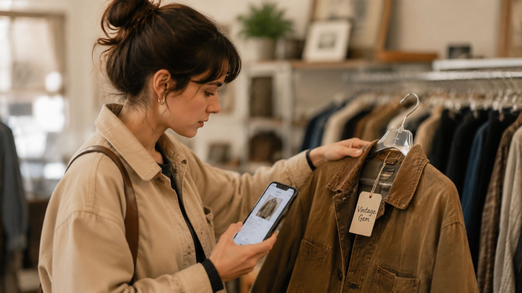 A young woman shopping in a clothing store uses her smartphone to check the price of a jacket.