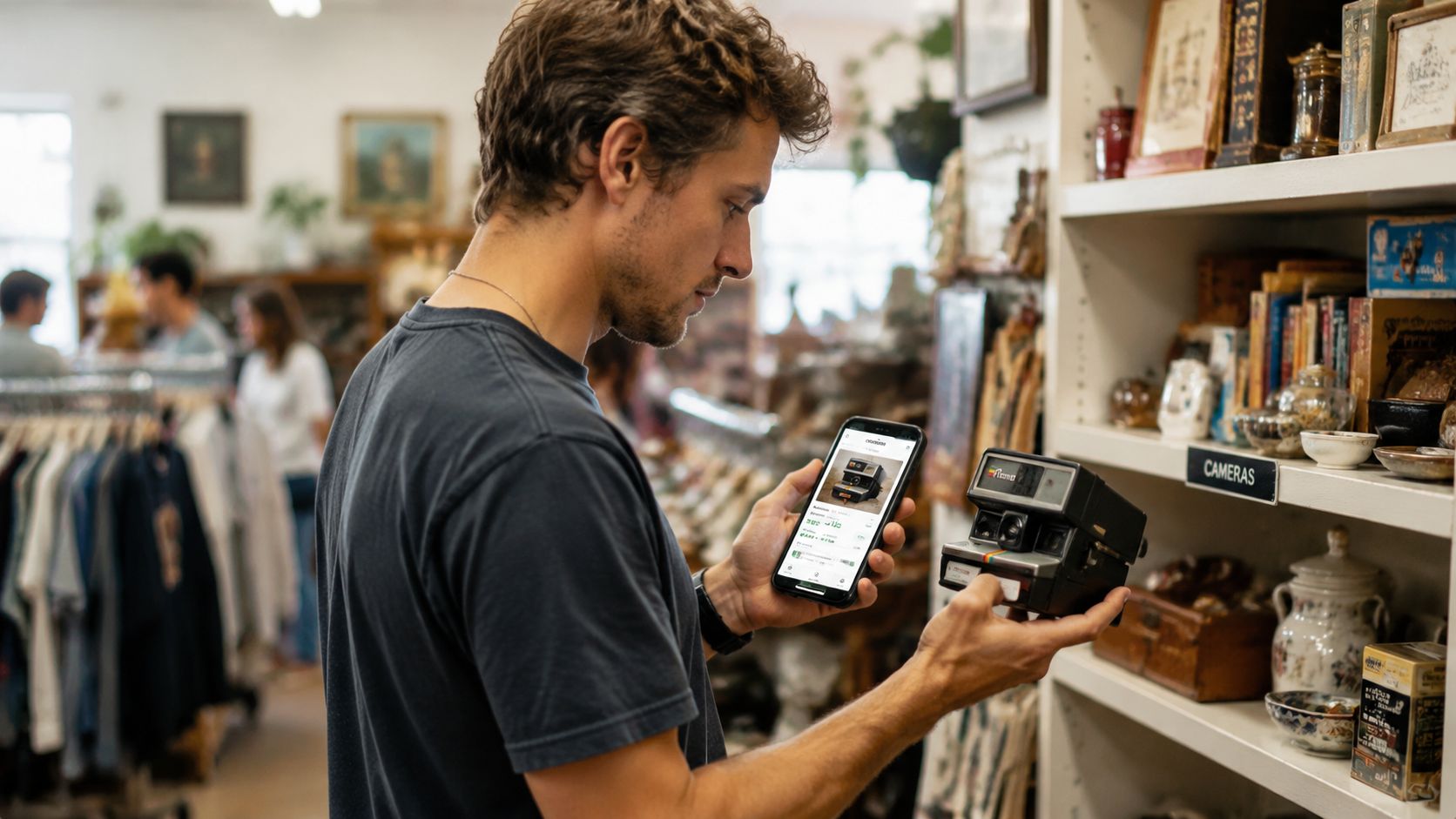 A man in a store uses a smartphone app to identify a vintage instant camera.