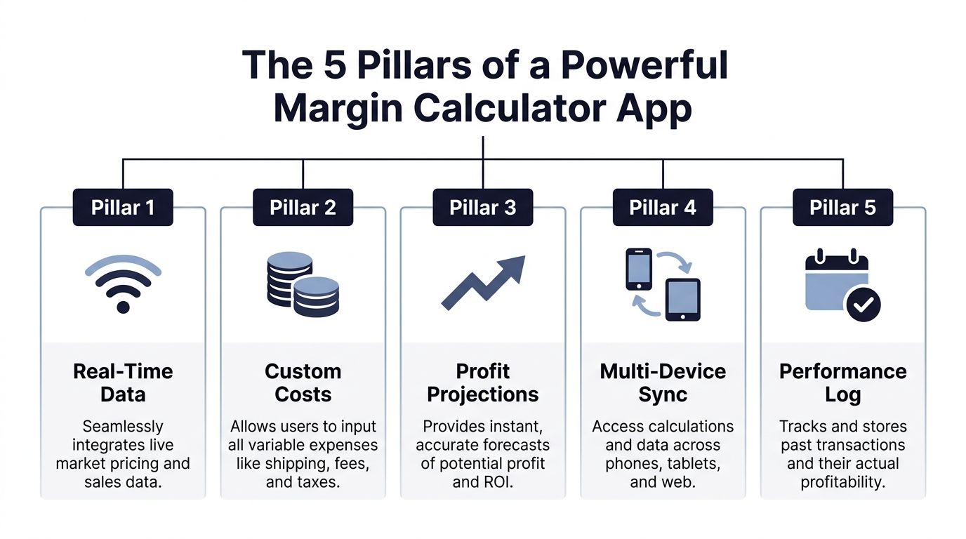 A diagram outlining the five key features required for a powerful and effective margin calculator mobile application.