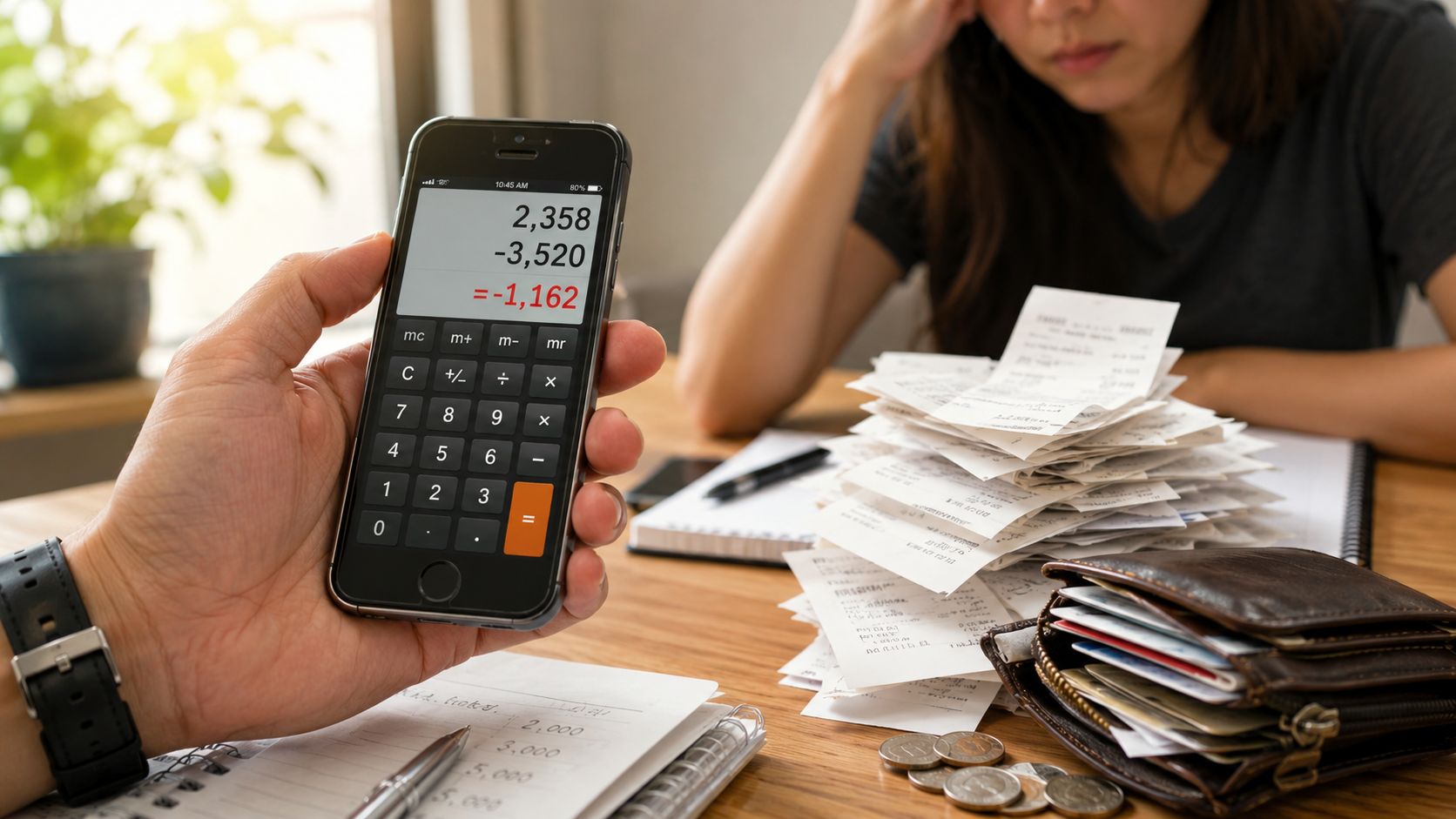 A person using a smartphone calculator app to manage financial expenses while sitting next to piles of receipts.