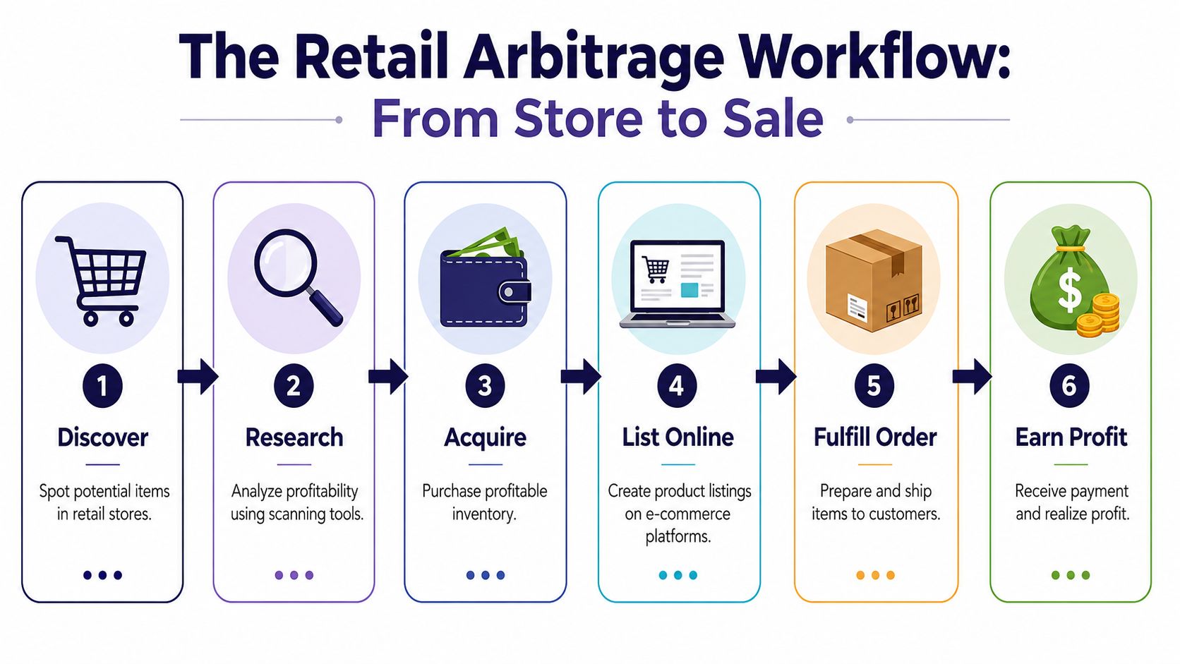 A flowchart showing the six steps of the retail arbitrage workflow from store to sale.