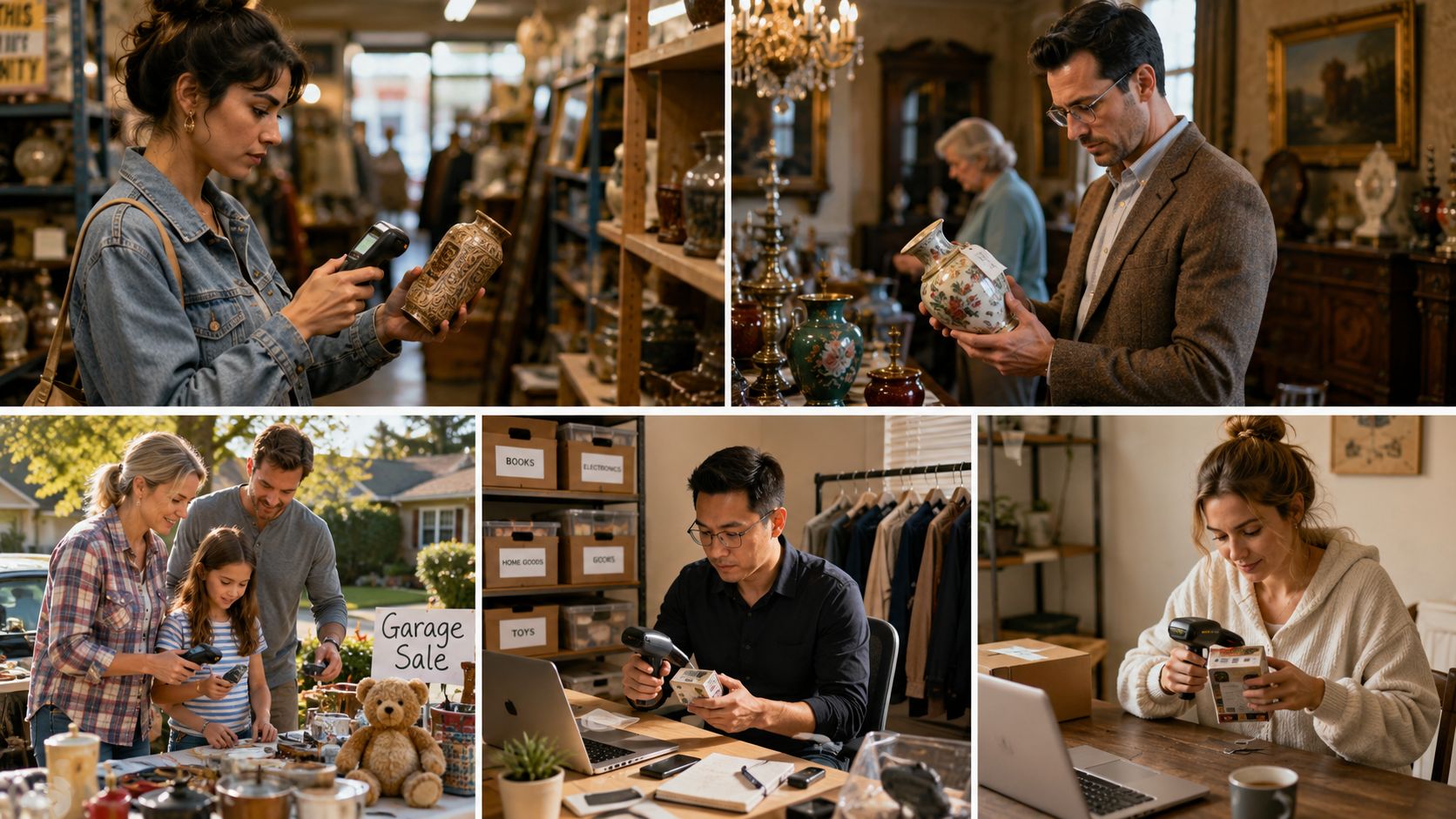 A collage showing various people using handheld barcode scanners for retail inventory and price checking tasks.