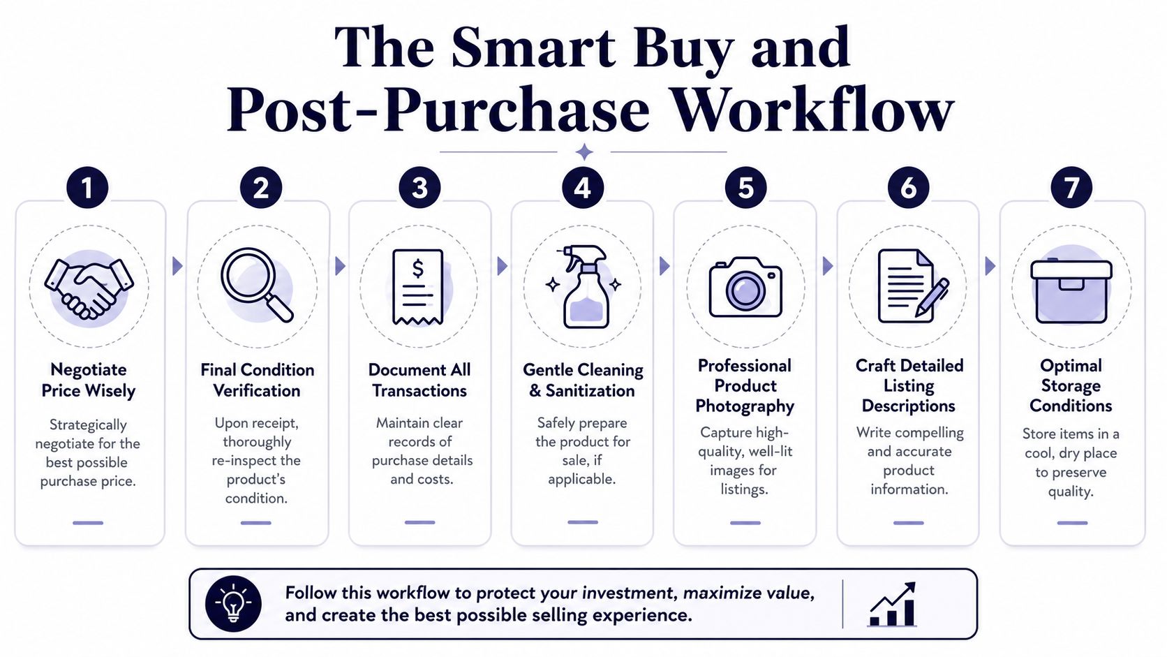 A seven-step workflow infographic illustrating the smart buying and post-purchase process for reselling products.