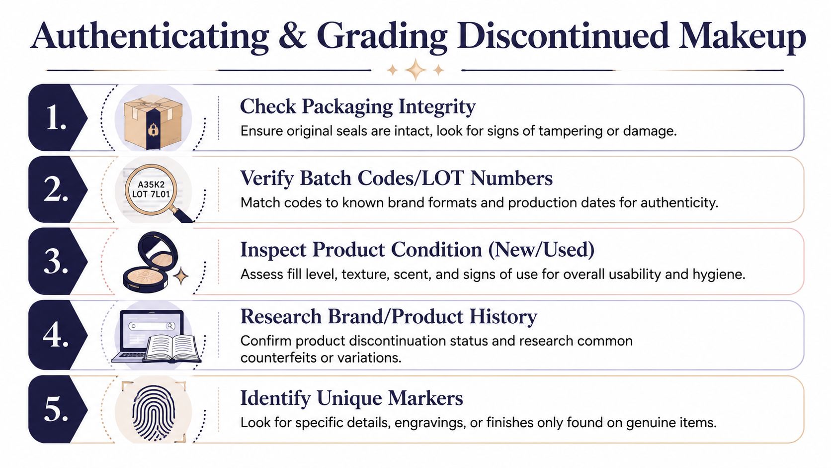 A five-step guide on how to authenticate and grade the quality of vintage or discontinued makeup products.
