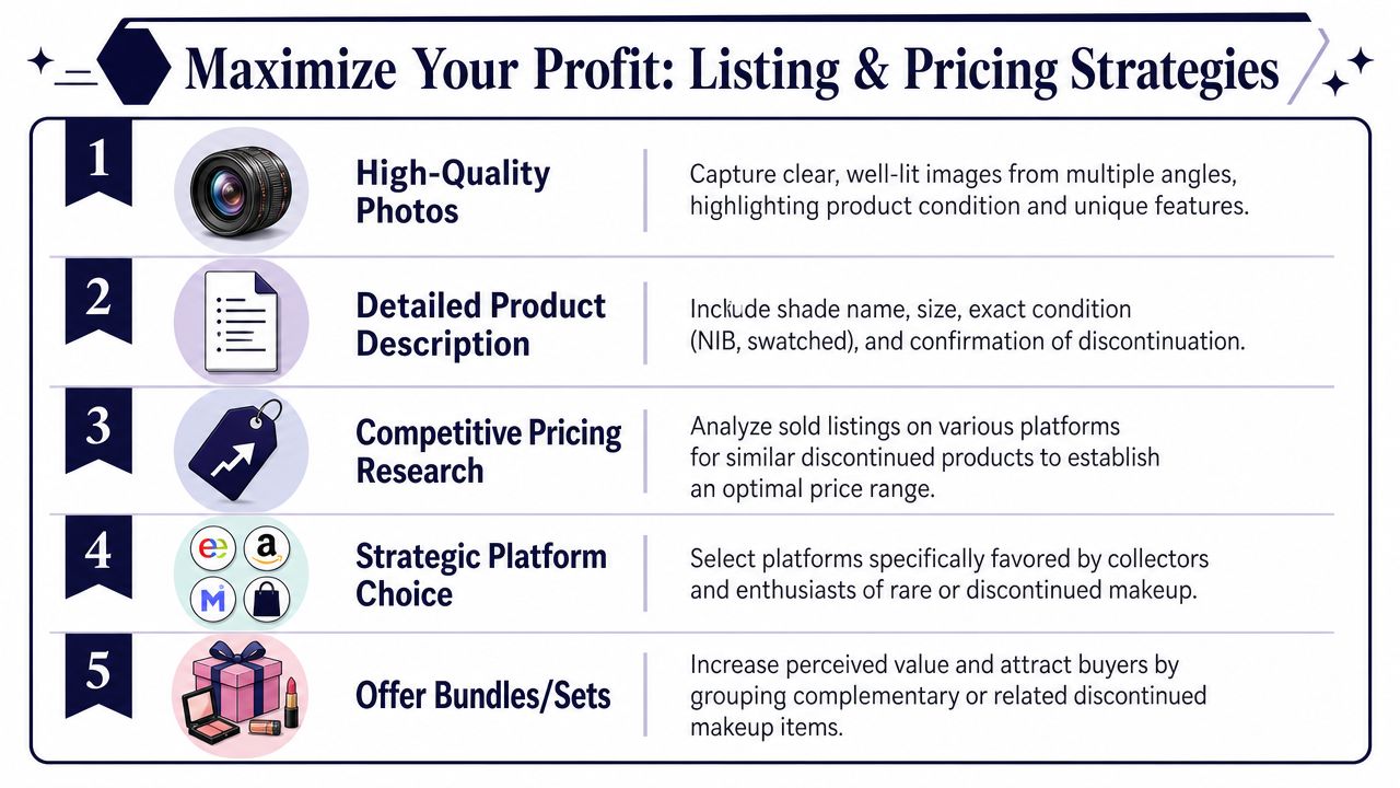 A five-step infographic guide titled Maximize Your Profit, illustrating strategies for listing and pricing discontinued makeup products.