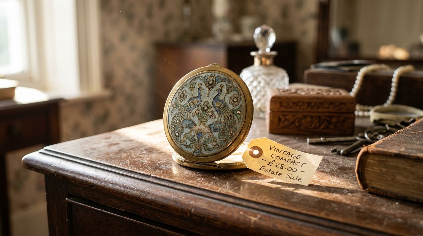 A vintage peacock-themed powder compact sits on a wooden dressing table with a price tag attached.