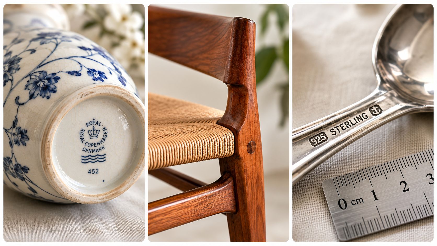 A triptych showing a Royal Copenhagen porcelain vase mark, a wooden mid-century chair, and a sterling silver spoon.
