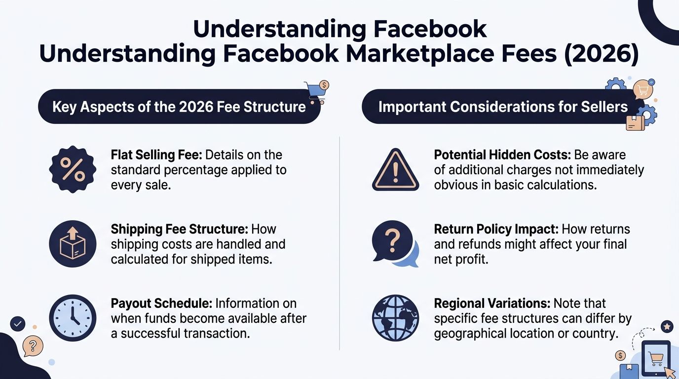 An infographic titled Understanding Facebook Marketplace Fees 2026 outlining key fee structures and important considerations for sellers.