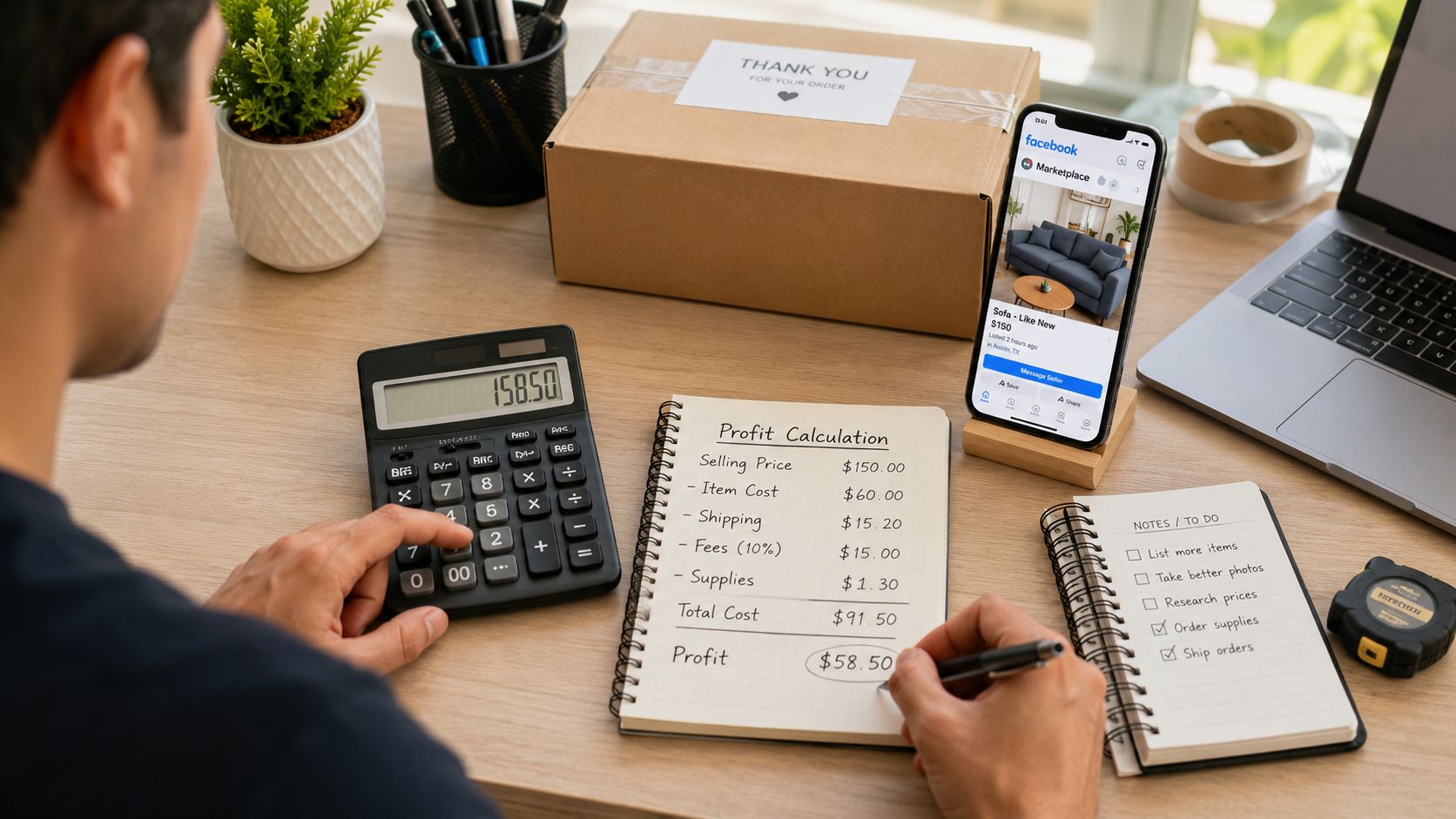 A person calculates profit from a Facebook Marketplace sofa sale using a notebook, calculator, and smartphone.