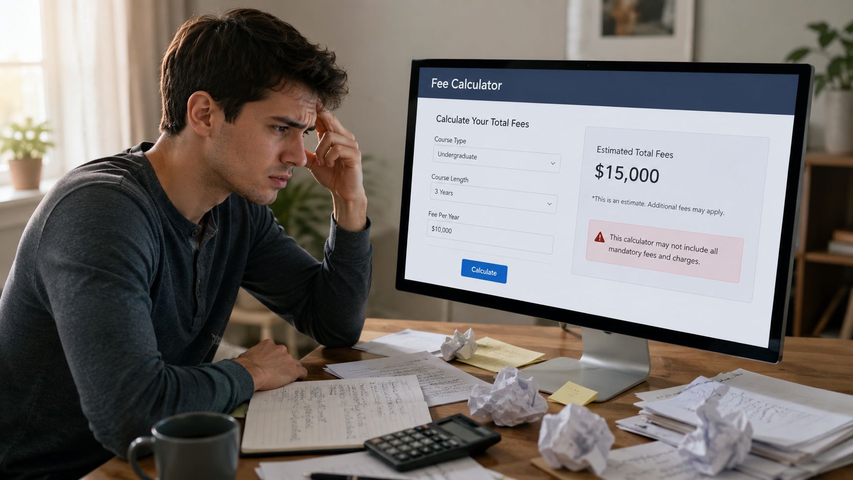 A stressed student looking at a fee calculator on his computer screen while surrounded by paperwork.