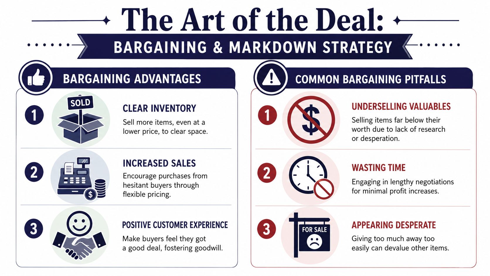 An infographic titled The Art of the Deal detailing common bargaining advantages and common bargaining pitfalls.