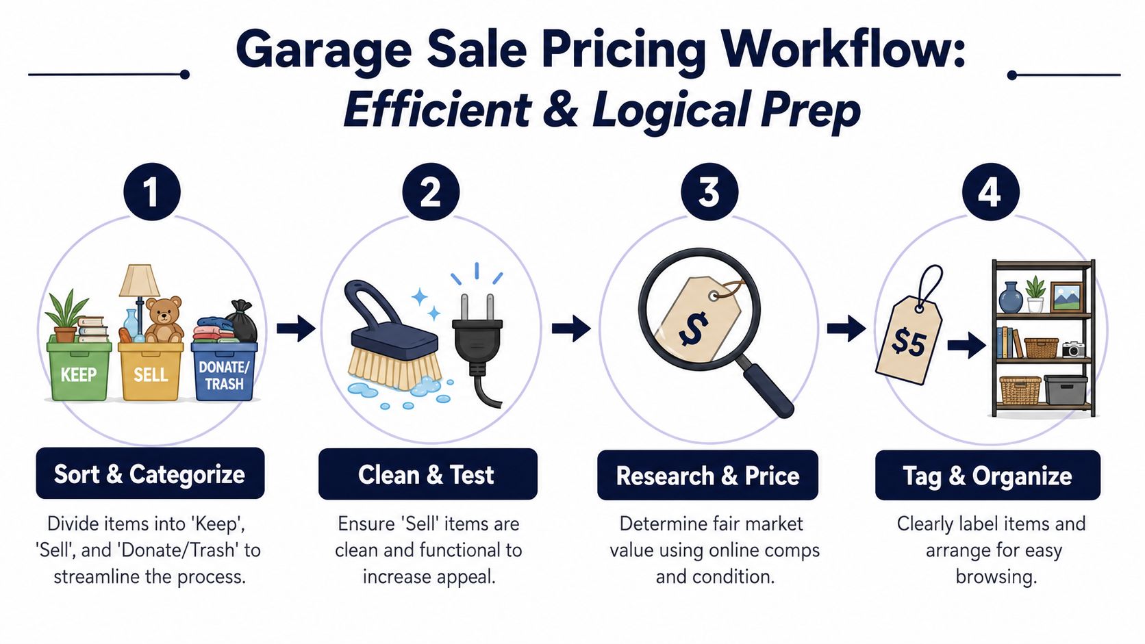 An infographic showing a four-step workflow for organizing and pricing items for a garage sale.