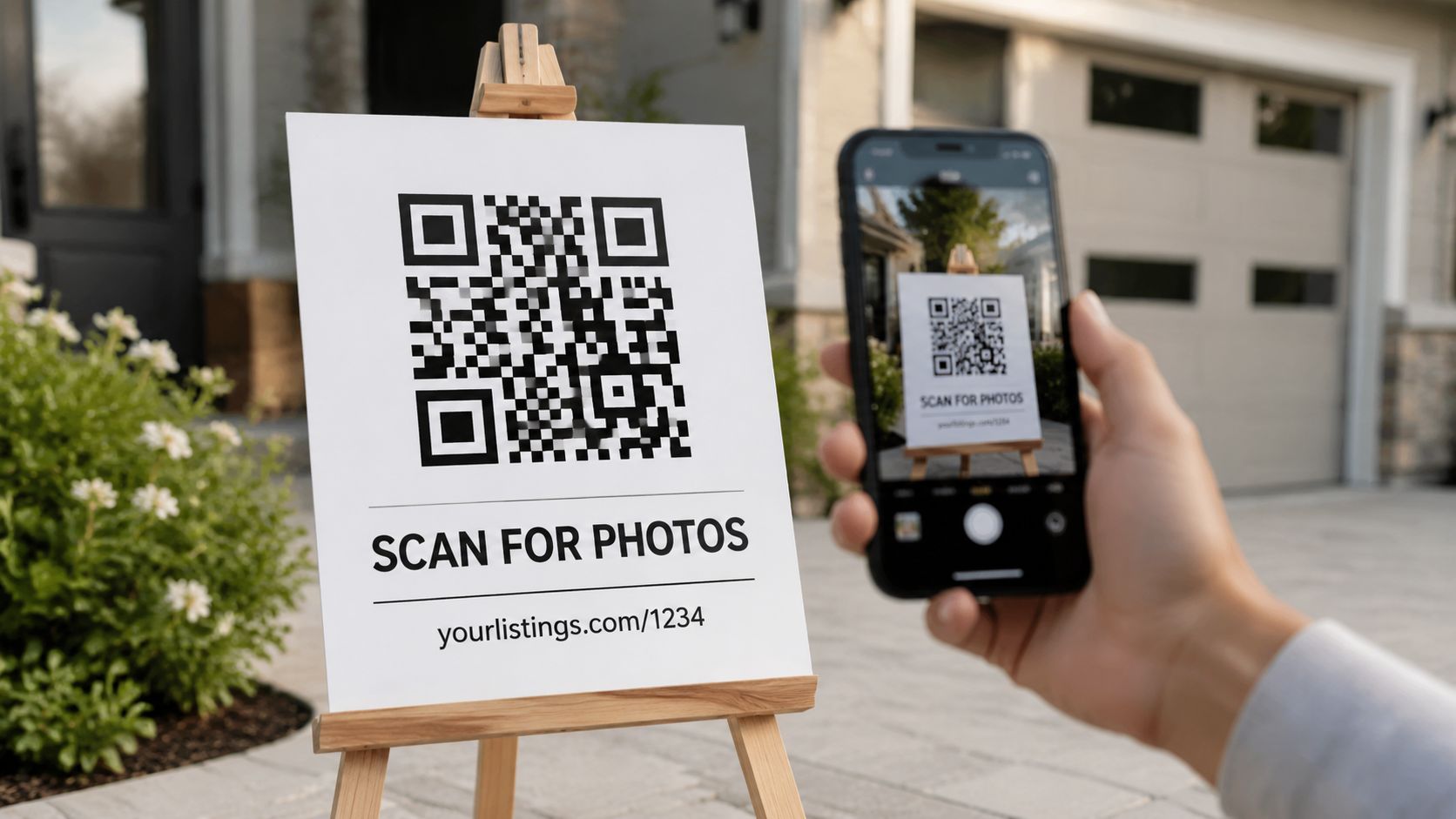 A hand holds a smartphone scanning a QR code on an easel sign advertising real estate property photos.
