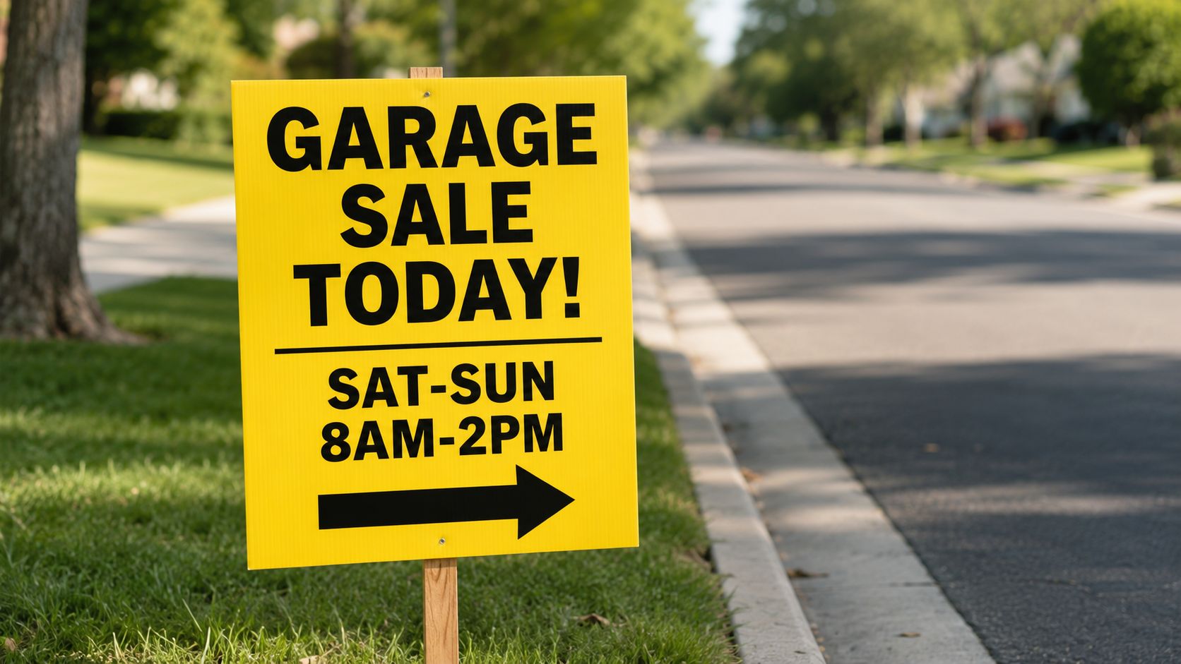 A yellow garage sale sign placed on a grassy lawn next to a neighborhood street.