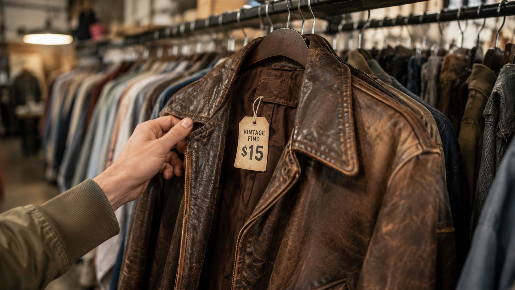 A close-up view of a person examining a vintage brown leather jacket with a price tag attached.