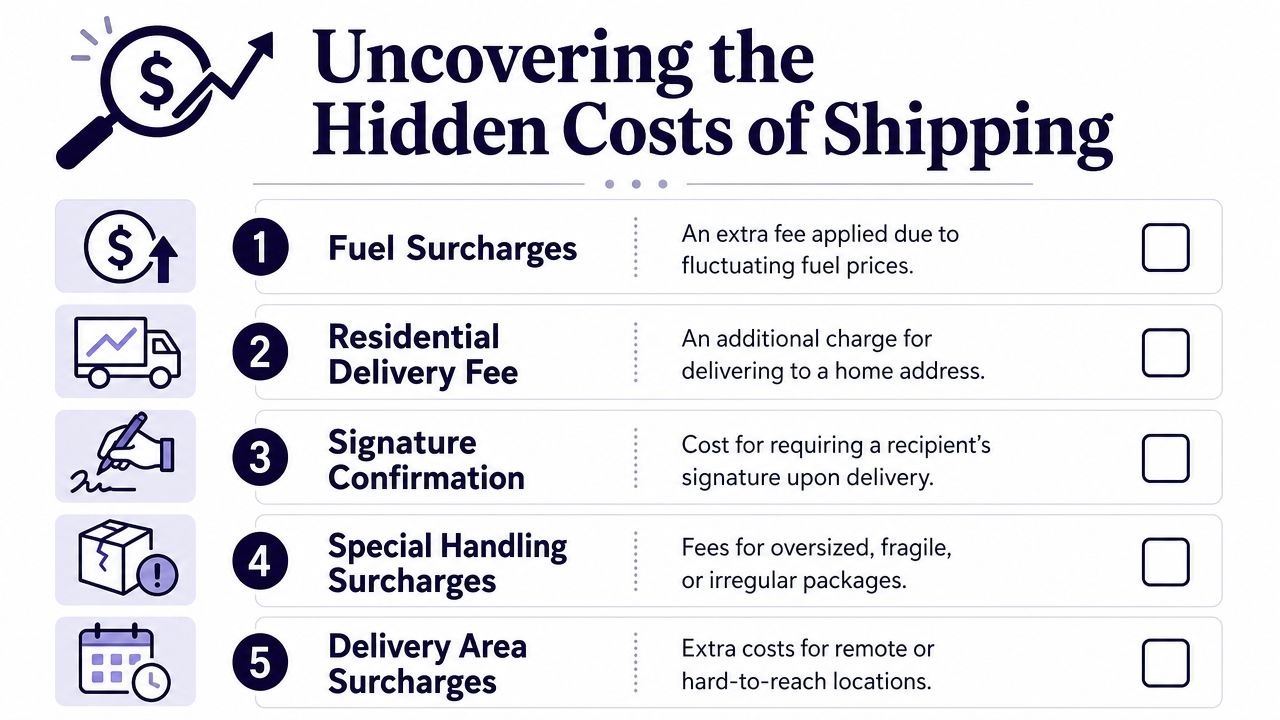 An infographic titled Uncovering the Hidden Costs of Shipping, listing five common shipping fee types and descriptions.
