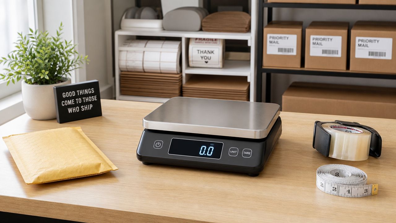 A digital shipping scale sits on a wooden desk with packing supplies and shipping boxes in the background.