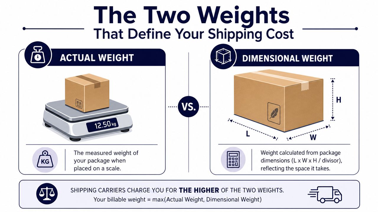 An infographic explaining how to calculate shipping costs using actual weight versus dimensional weight of packages.