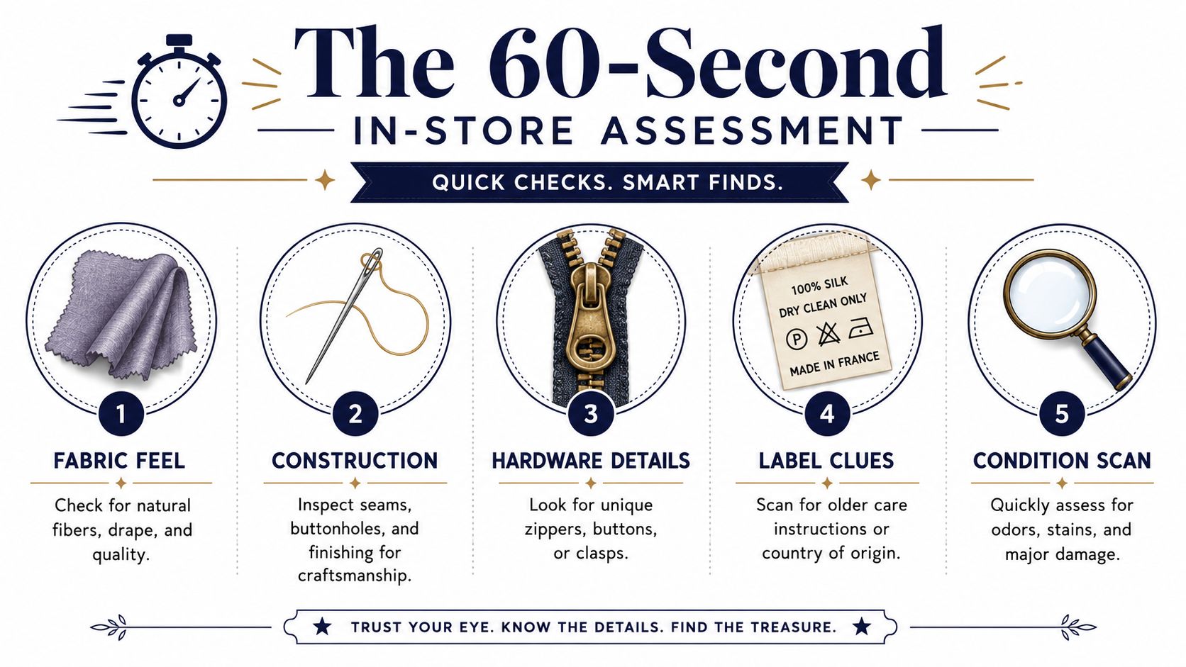 A five-step guide on how to identify vintage clothing featuring icons for fabric, construction, hardware, labels, and condition.