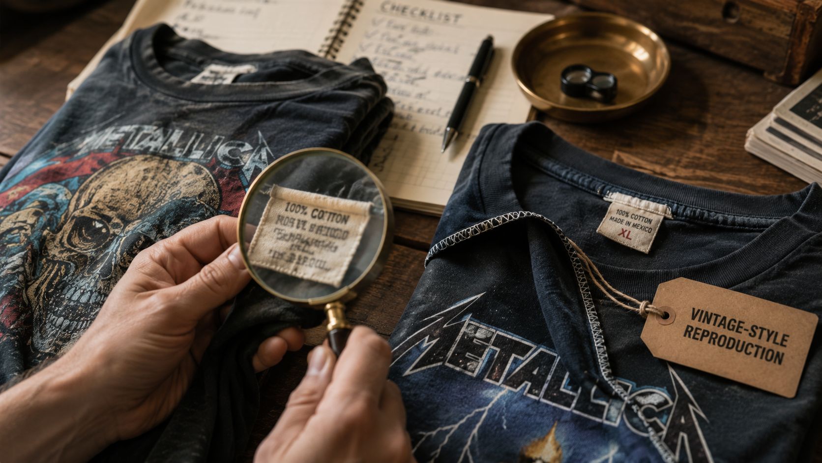 A person using a magnifying glass to inspect a clothing tag on a vintage-style Metallica band t-shirt.
