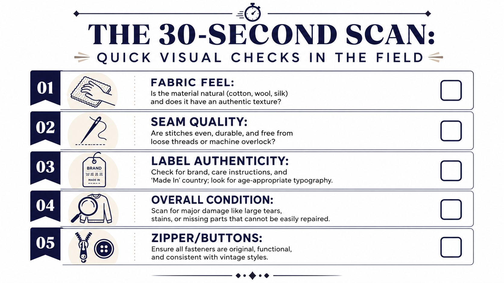 A checklist infographic titled The 30-Second Scan for identifying vintage clothing through five quick visual checks.