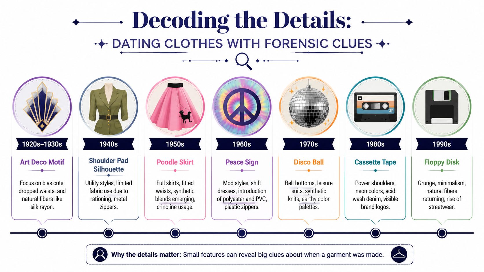 A timeline graphic showing fashion trends and iconic objects from the 1920s to the 1990s.