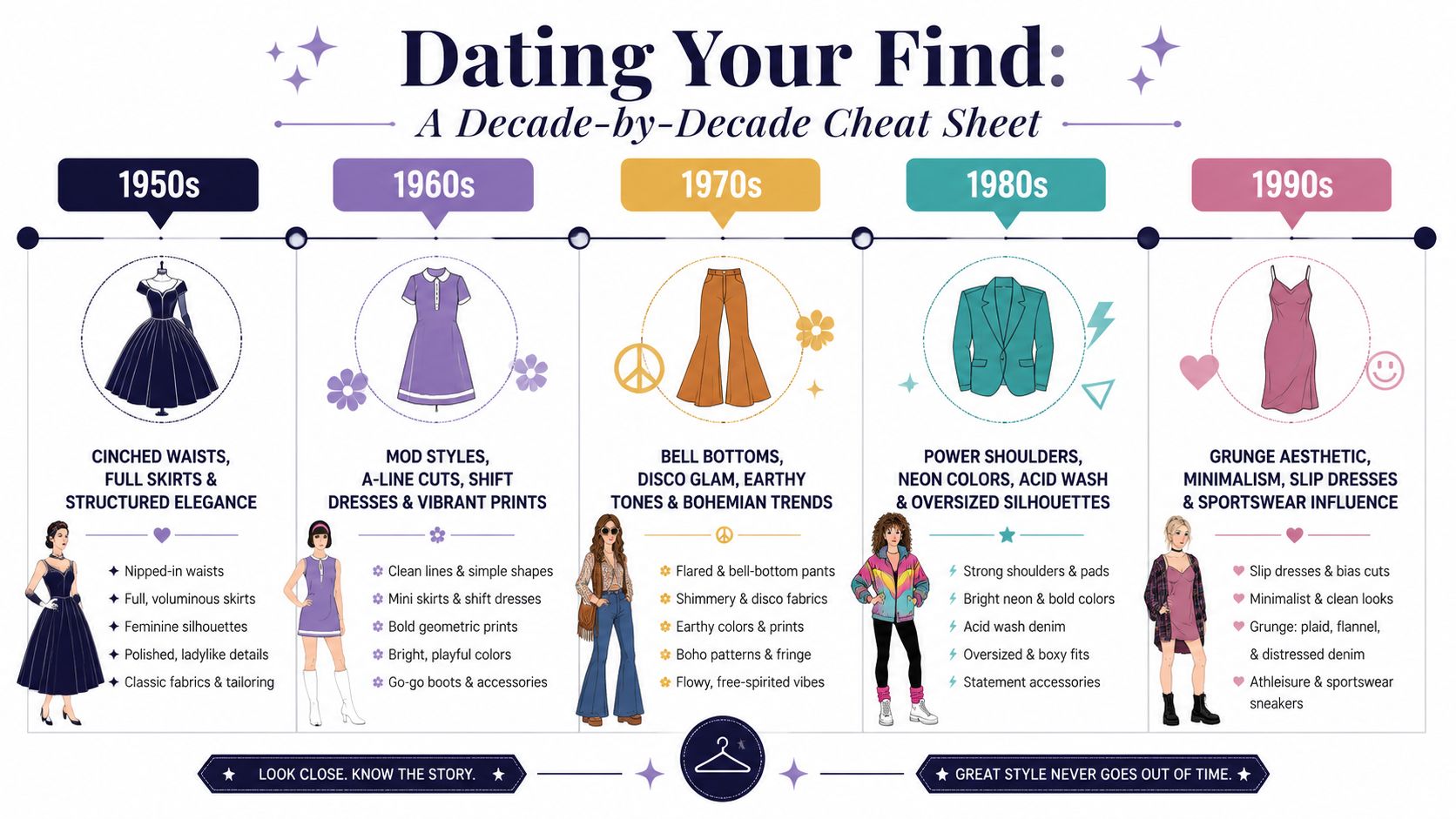 A decade-by-decade infographic guide showing fashion styles and characteristics from the 1950s through the 1990s.