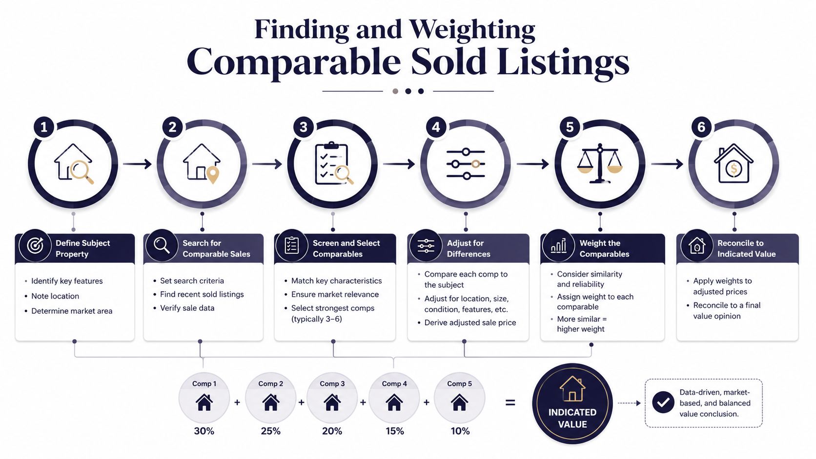 A six-step infographic illustrating the process of finding, adjusting, and weighting real estate comparable sold listings.