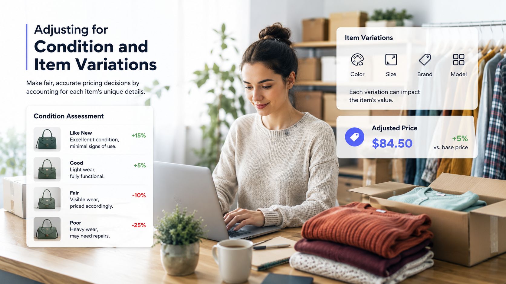 A woman working on a laptop with an infographic overlay showing pricing adjustments for item condition and variations.