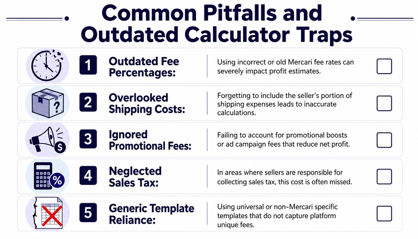An infographic detailing five common mistakes to avoid when using a Mercari seller profit calculator.