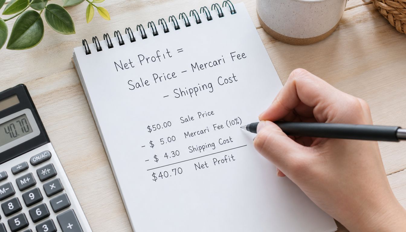 A hand writes a net profit calculation on a notepad with a calculator on the side.