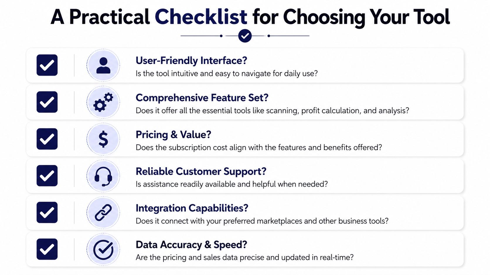 A checklist infographic titled A Practical Checklist for Choosing Your Tool, featuring six key criteria for software.