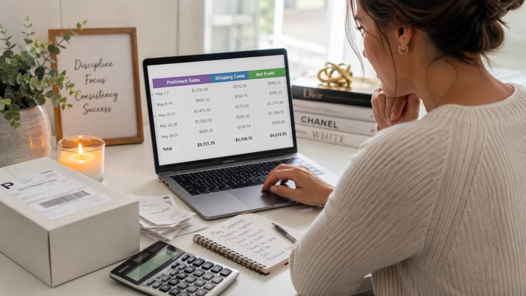 A woman working on a laptop at a desk while calculating Poshmark sales and shipping expenses.