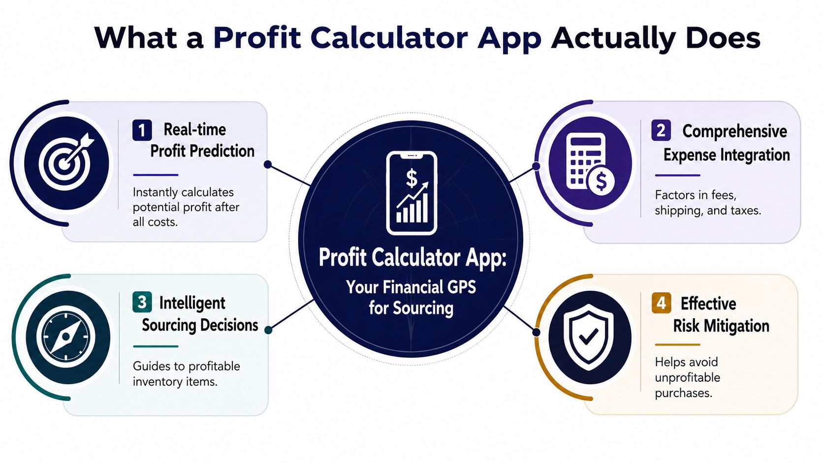 A diagram illustrating the four main functions of a profit calculator app for sourcing business inventory.