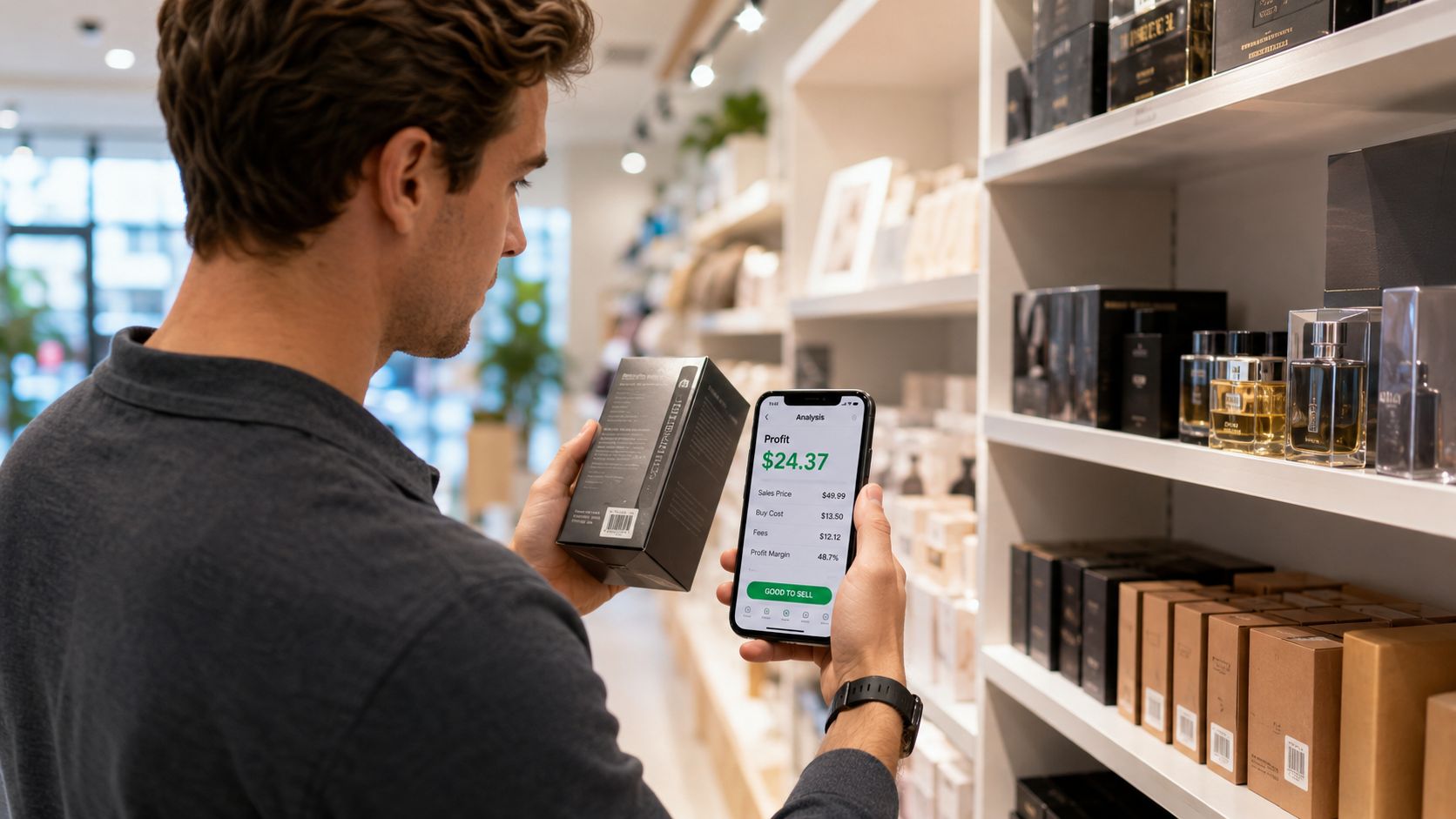 A man scans a product box using a smartphone app to check potential profit margins while shopping.