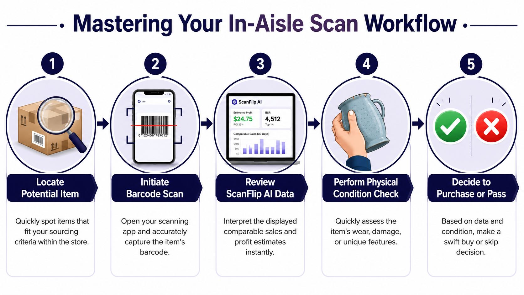 A five-step infographic illustrating a workflow for using a mobile app to scan and evaluate retail items.