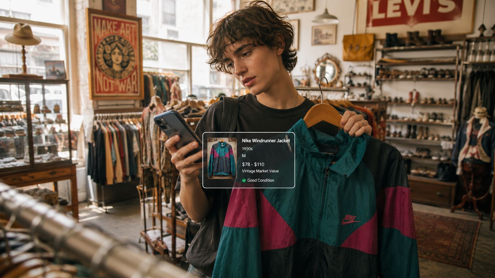 A person holds a vintage Nike windrunner jacket while scanning it with a smartphone in a clothing store.