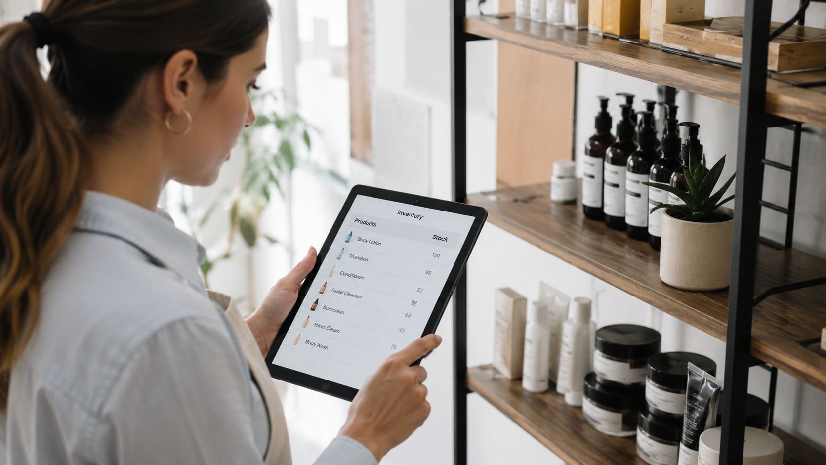 A woman checking inventory stock levels on a digital tablet in a professional skincare shop environment.