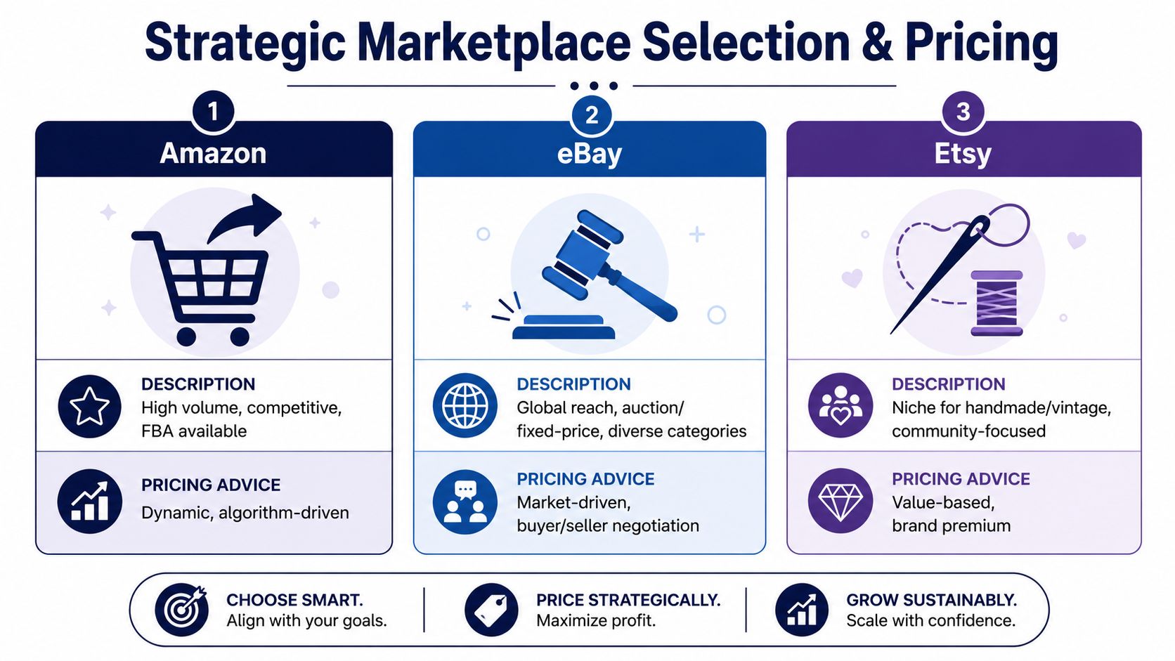 A strategic guide comparing Amazon, eBay, and Etsy marketplaces with advice for pricing and business growth.