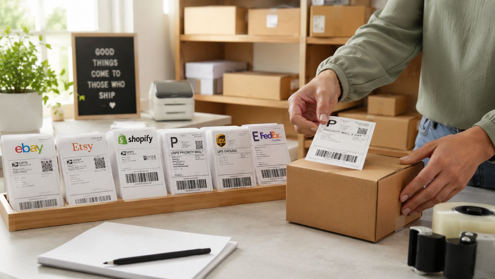 A person preparing to ship a package while surrounded by multiple e-commerce shipping labels on a desk.