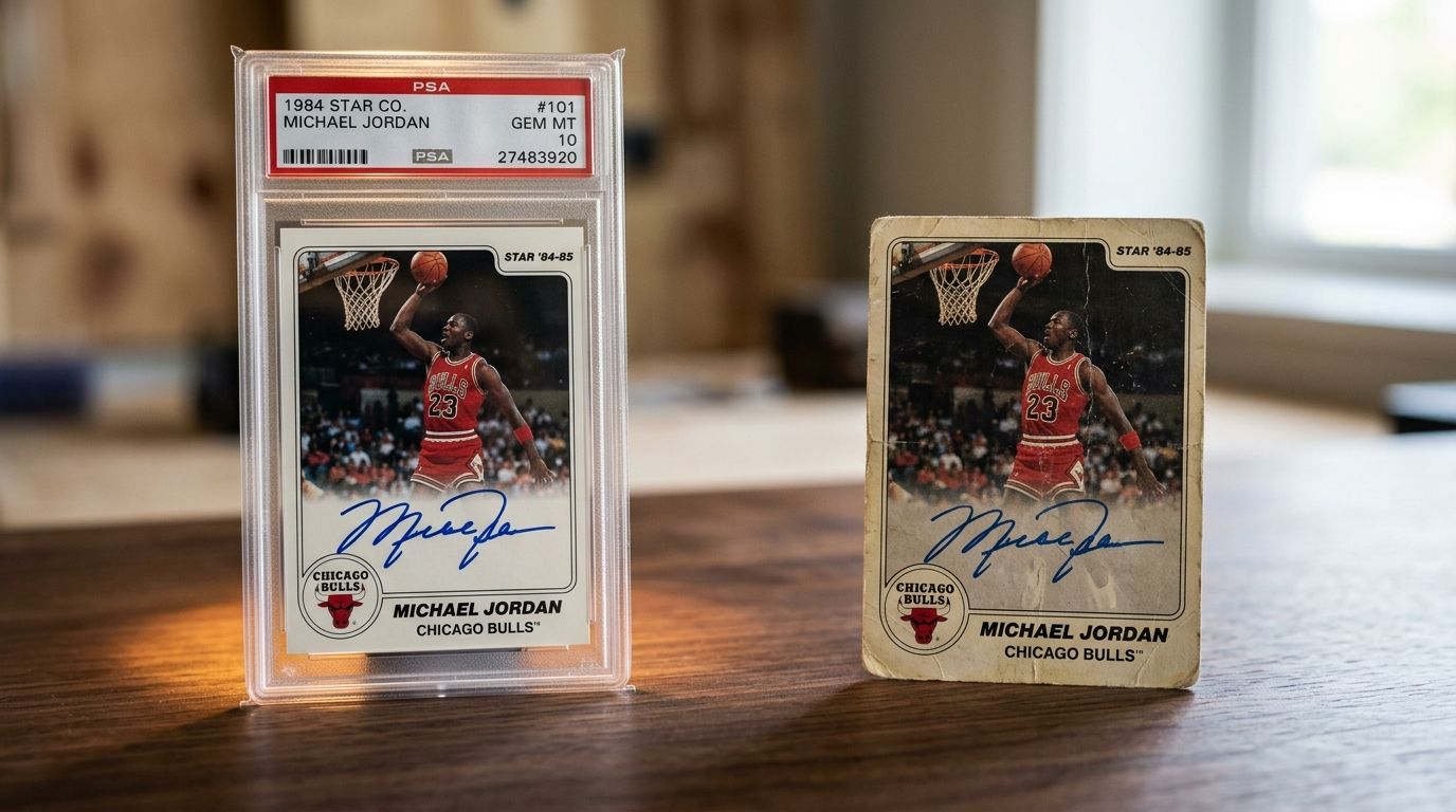 A graded PSA 10 Michael Jordan basketball card sitting next to an ungraded, worn original version.