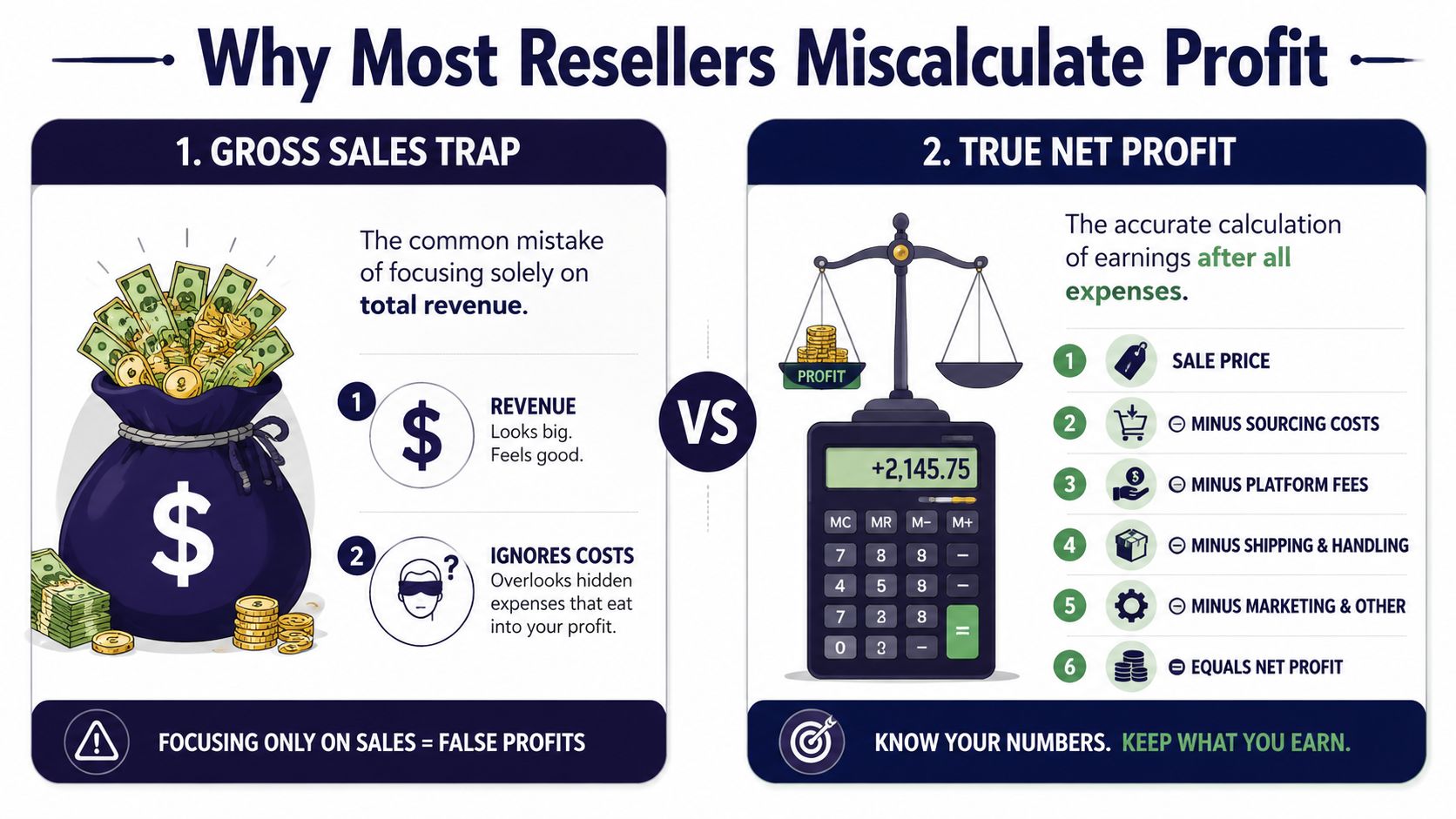 An infographic showing the difference between gross sales and true net profit for online resellers.