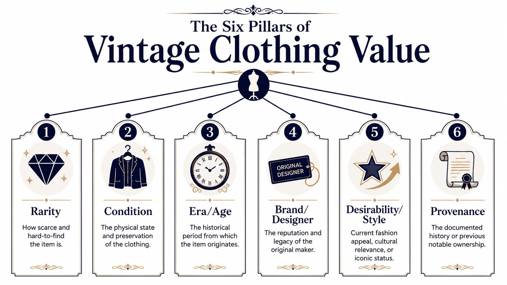 An infographic titled The Six Pillars of Vintage Clothing Value, detailing factors like rarity, condition, and provenance.
